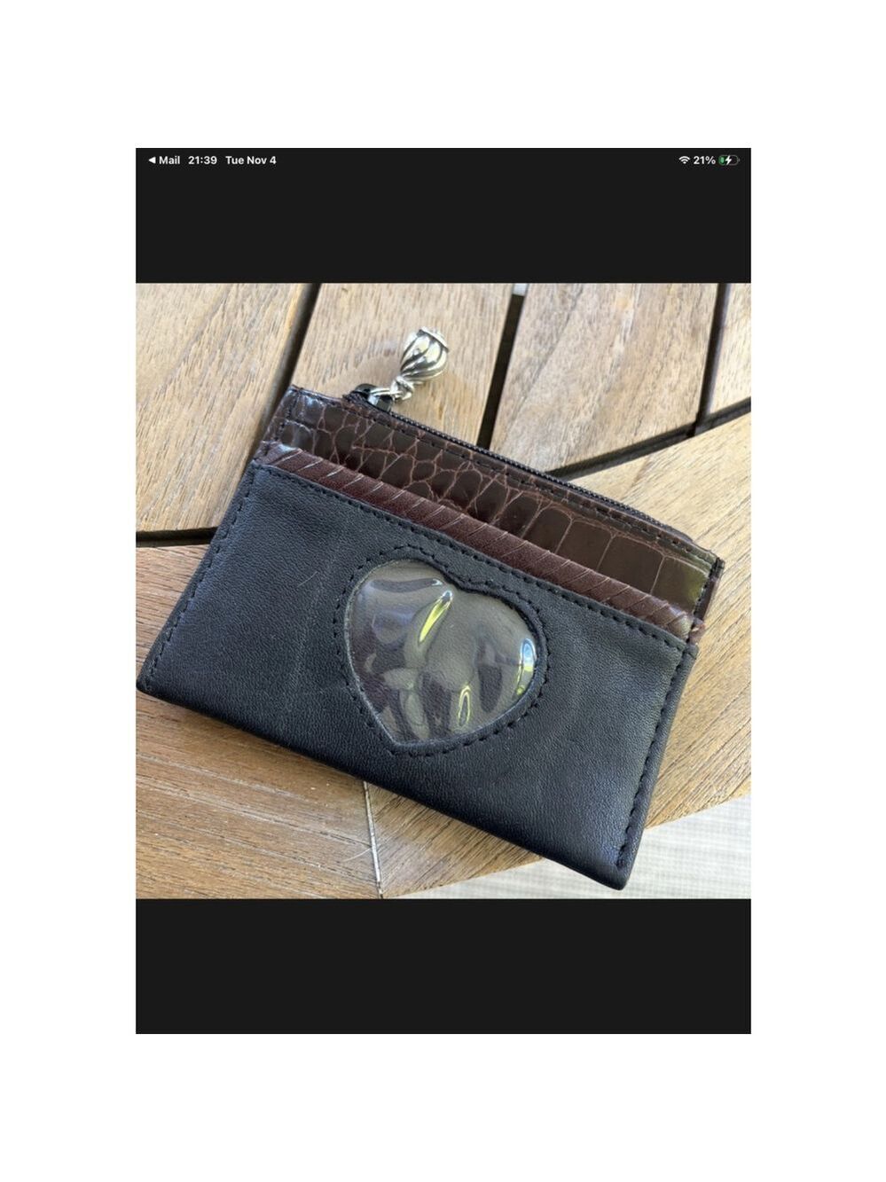 Brighton Leather Card Holder Wallet Black Brown Croc Heart ID Window